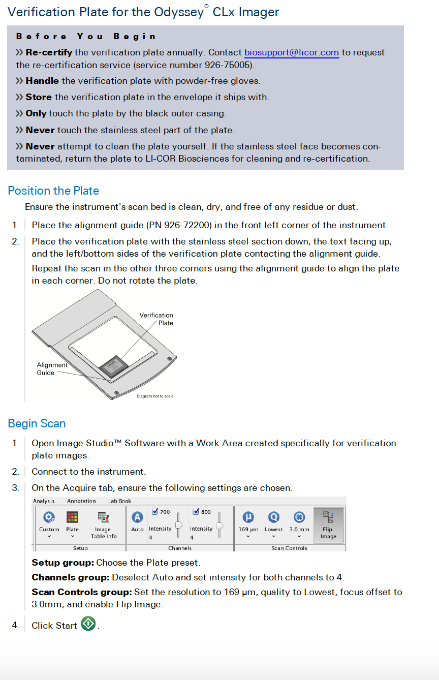 Odyssey CLx verification plate instruction card.